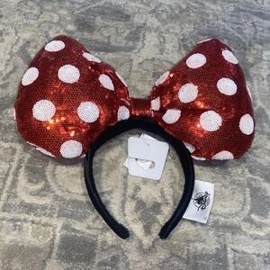 New DISNEY PARKS Minnie Mouse Sequin Red White Black Sequin Lg-Bow Ear Headband
